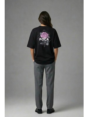 Posh Cabal A01007 Baskılı Oversize Siyah Kadın T-Shirt