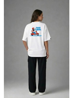 Posh Cabal A03070 Baskılı Oversize Beyaz Kadın T-Shirt