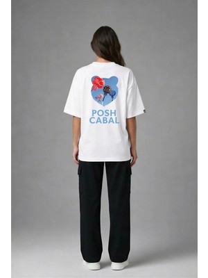 Posh Cabal A02061 Baskılı Oversize Beyaz Kadın T-Shirt
