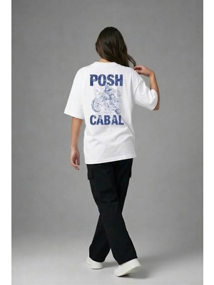 Posh Cabal A03064 Baskılı Oversize Beyaz Kadın T-Shirt