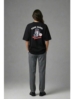Posh Cabal A01087 Baskılı Oversize Siyah Kadın T-Shirt