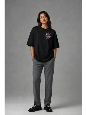 Posh Cabal G01011 Baskılı Oversize Siyah Kadın T-Shirt