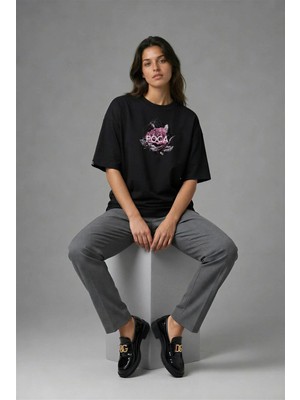 Posh Cabal F02010 Baskılı Oversize Siyah Kadın T-Shirt