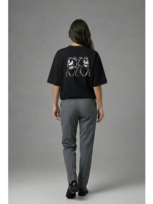 Posh Cabal A01090 Baskılı Oversize Siyah Kadın T-Shirt