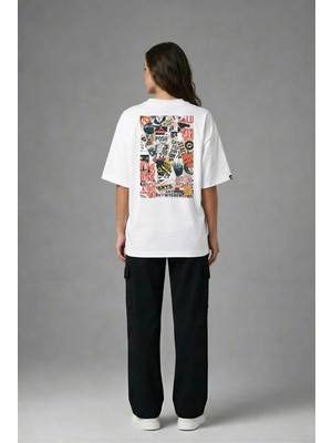 Posh Cabal A03081 Baskılı Oversize Beyaz Kadın T-Shirt