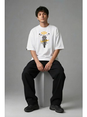 Posh Cabal F02080 Baskılı Oversize Beyaz Erkek T-Shirt