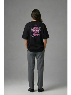 Posh Cabal A01017 Baskılı Oversize Siyah Kadın T-Shirt