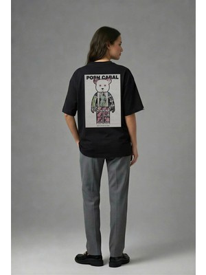 Posh Cabal A01109 Baskılı Oversize Siyah Kadın T-Shirt
