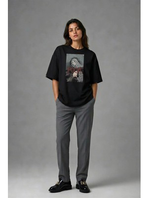 Posh Cabal F01026 Baskılı Oversize Siyah Kadın T-Shirt