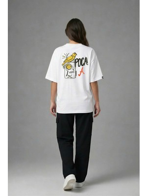 Posh Cabal A03032 Baskılı Oversize Beyaz Kadın T-Shirt