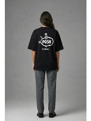 Posh Cabal A01121 Baskılı Oversize Siyah Kadın T-Shirt