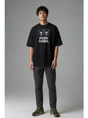 Posh Cabal F01092 Baskılı Oversize Siyah Erkek T-Shirt