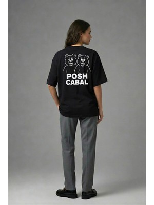 Posh Cabal A01094 Baskılı Oversize Siyah Kadın T-Shirt