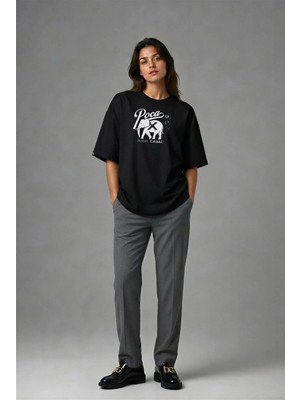Posh Cabal F01096 Baskılı Oversize Siyah Kadın T-Shirt