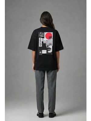Posh Cabal A02139 Baskılı Oversize Siyah Kadın T-Shirt