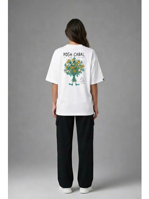 Posh Cabal A03115 Baskılı Oversize Beyaz Kadın T-Shirt