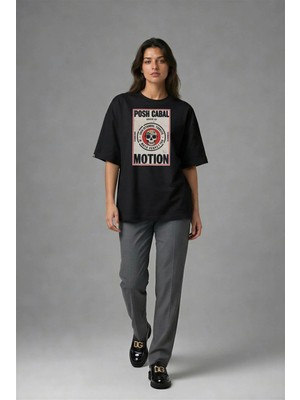 Posh Cabal F01073 Baskılı Oversize Siyah Kadın T-Shirt