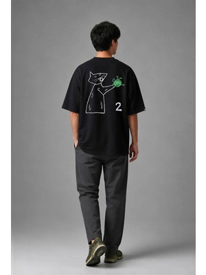 Posh Cabal A01125 Baskılı Oversize Siyah Erkek T-Shirt