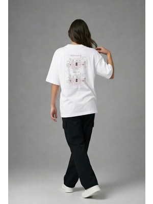 Posh Cabal A03011 Baskılı Oversize Beyaz Kadın T-Shirt