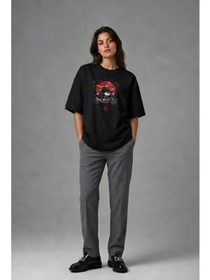 Posh Cabal F01001 Baskılı Oversize Siyah Kadın T-Shirt