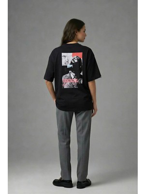 Posh Cabal A01005 Baskılı Oversize Siyah Kadın T-Shirt
