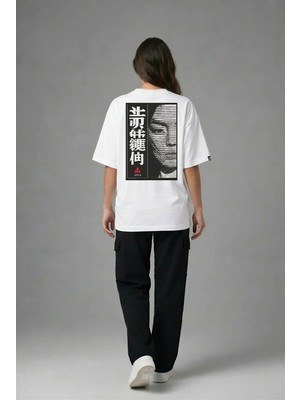 Posh Cabal A03129 Baskılı Oversize Beyaz Kadın T-Shirt