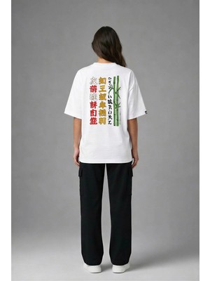 Posh Cabal A03014 Baskılı Oversize Beyaz Kadın T-Shirt