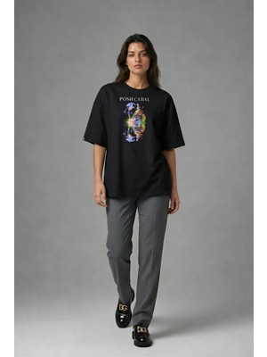 Posh Cabal F01098 Baskılı Oversize Siyah Kadın T-Shirt