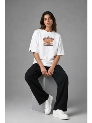 Posh Cabal F02070 Baskılı Oversize Beyaz Kadın T-Shirt