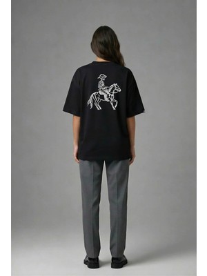 Posh Cabal A01051 Baskılı Oversize Siyah Kadın T-Shirt