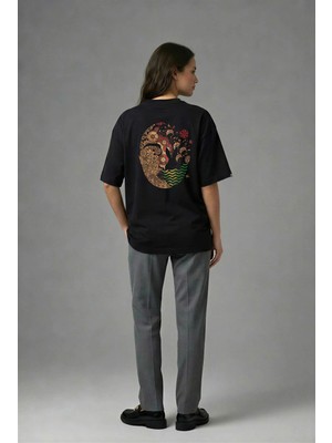 Posh Cabal A01049 Baskılı Oversize Siyah Kadın T-Shirt