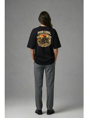 Posh Cabal A02129 Baskılı Oversize Siyah Kadın T-Shirt