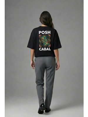 Posh Cabal A01030 Baskılı Oversize Siyah Kadın T-Shirt