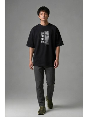 Posh Cabal F01103 Baskılı Oversize Siyah Erkek T-Shirt