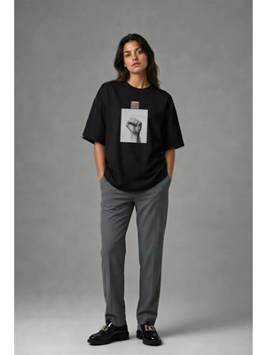 Posh Cabal F01111 Baskılı Oversize Siyah Kadın T-Shirt