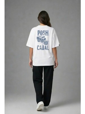 Posh Cabal A03066 Baskılı Oversize Beyaz Kadın T-Shirt
