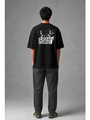 Posh Cabal A01083 Baskılı Oversize Siyah Erkek T-Shirt
