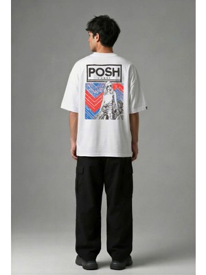 Posh Cabal A03121 Baskılı Oversize Beyaz Erkek T-Shirt