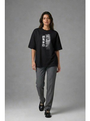 Posh Cabal F01103 Baskılı Oversize Siyah Kadın T-Shirt