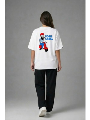 Posh Cabal A03071 Baskılı Oversize Beyaz Kadın T-Shirt