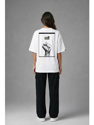 Posh Cabal A03135 Baskılı Oversize Beyaz Kadın T-Shirt