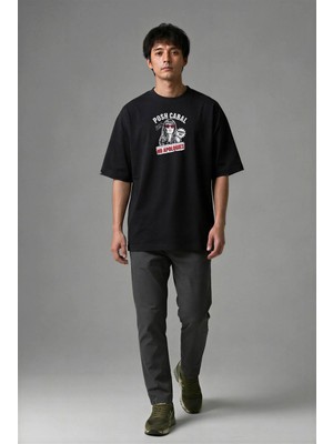 Posh Cabal F01023 Baskılı Oversize Siyah Erkek T-Shirt
