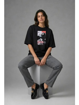 Posh Cabal F01005 Baskılı Oversize Siyah Kadın T-Shirt