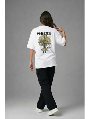 Posh Cabal A03112 Baskılı Oversize Beyaz Kadın T-Shirt