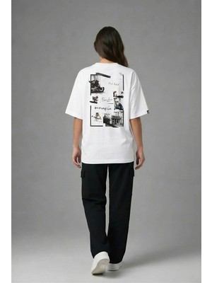 Posh Cabal A03139 Baskılı Oversize Beyaz Kadın T-Shirt