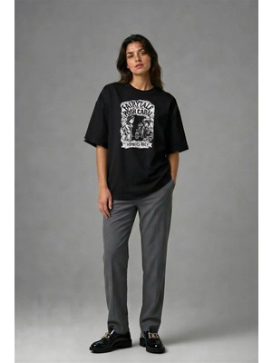 Posh Cabal F01039 Baskılı Oversize Siyah Kadın T-Shirt