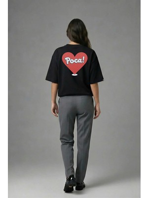 Posh Cabal A02015 Baskılı Oversize Siyah Kadın T-Shirt