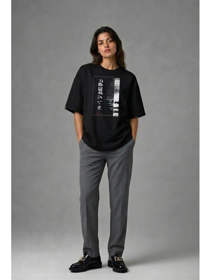 Posh Cabal F01101 Baskılı Oversize Siyah Kadın T-Shirt