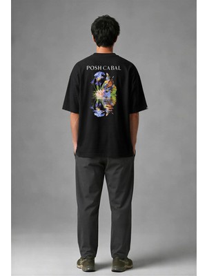 Posh Cabal A01098 Baskılı Oversize Siyah Erkek T-Shirt