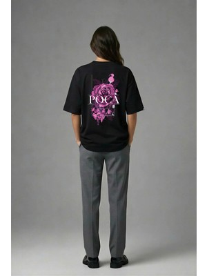 Posh Cabal A02007 Baskılı Oversize Siyah Kadın T-Shirt
